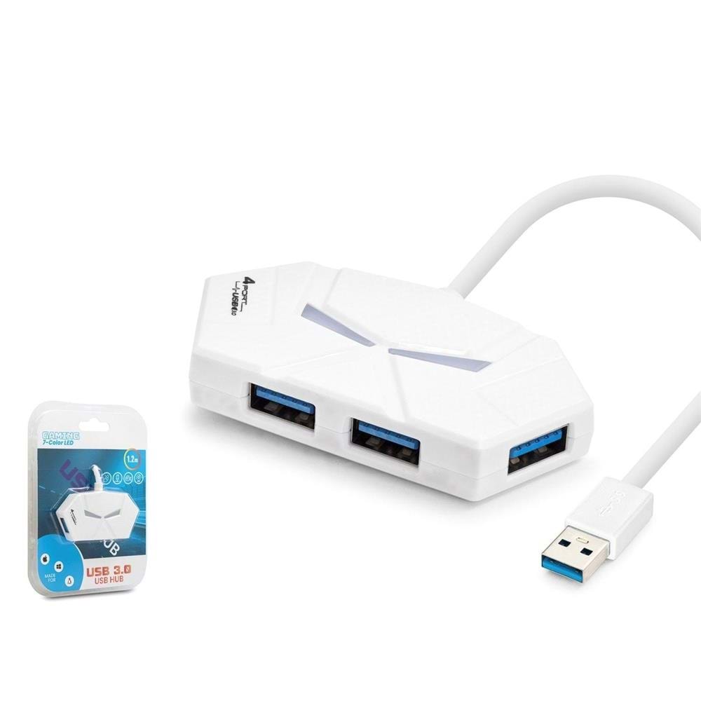 Hadron HDX7051 Gaming USB Hub 3.0 5Gbps 4x USB-A 3.0 7 Renk LED 4 Port Çoklayıcı 120cm Beyaz