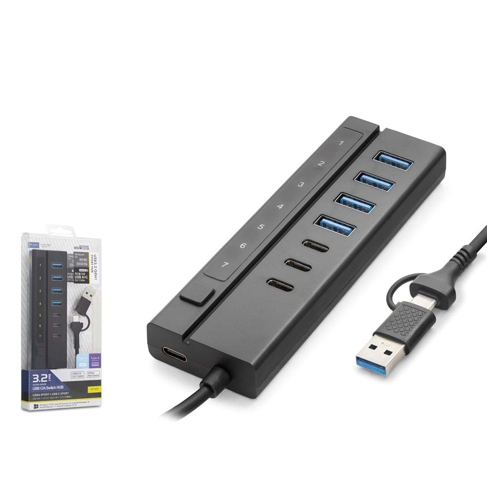 Hadron HDX7062 7 Port Usb Hub 5Gbps 4x Usb-A 3.2 + 3x Usb-C 3.2 7 Port 2in1 Kablolu Çoklayıcı Siyah