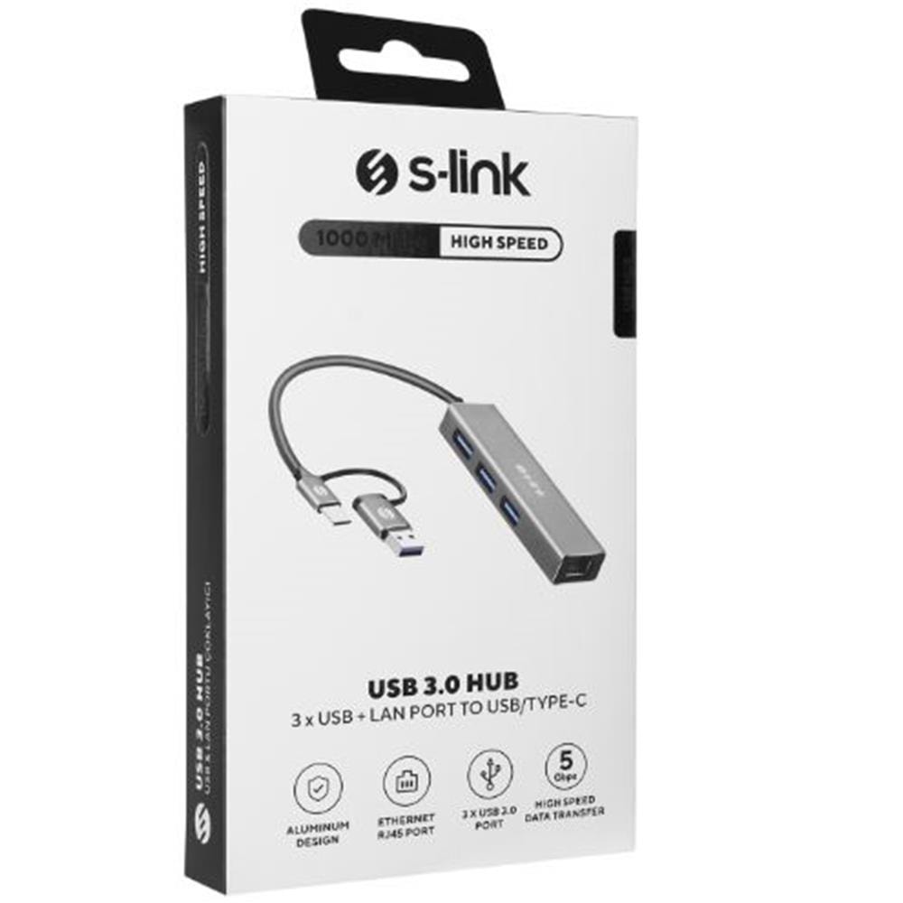 S-link SW-U332 Type-C - USB3.0 1000Mbps 3 Port Usb Gigabit Ethernet Adaptör