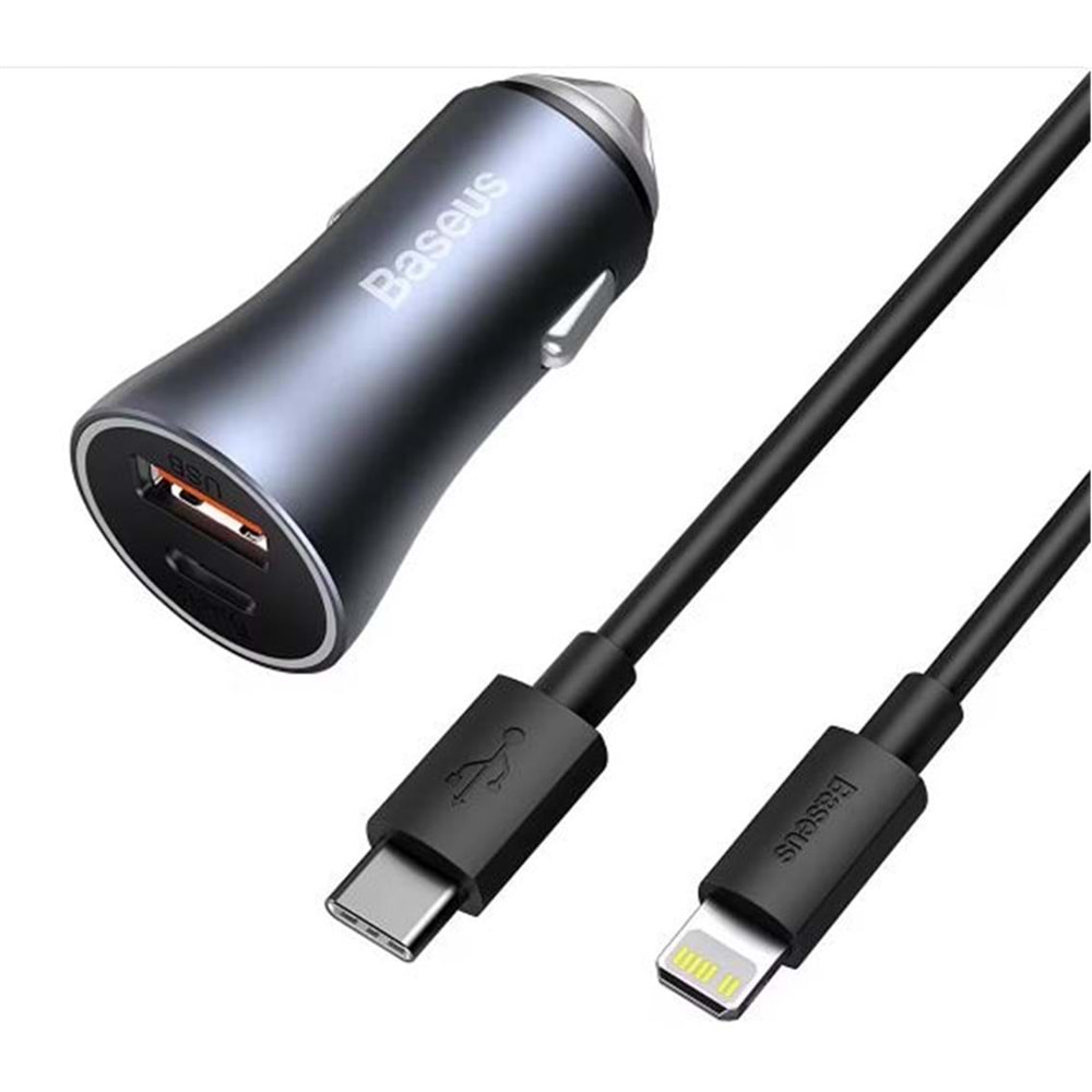 BASEUS Golden Connector Pro U+C 40W Type-C to Lightning Kablo Setli Araç İçi Şarj Cihazı Koyu Gri