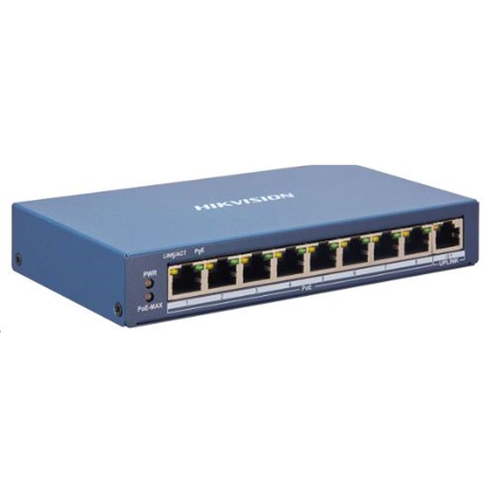 Hikvision DS-3E1310P-EI-M 8×10-100 Mbps PoE Portu, 2×Gigabit RJ45 Portu 60W Switch
