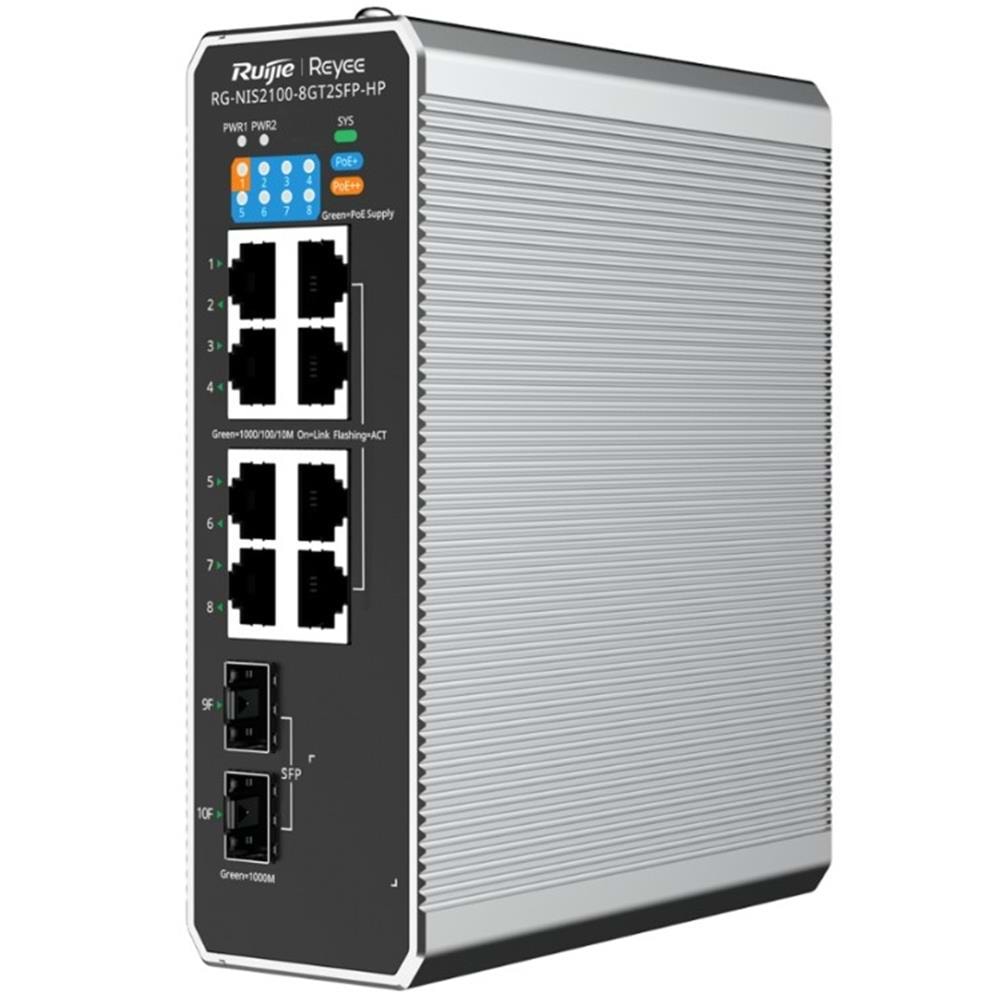 Ruijie RG-NIS2100-8GT2SFP-HP 8x10-100-1000 PoE+2xSFP Port IP40 Harici Güç Kaynağı Endüstriyel Switch