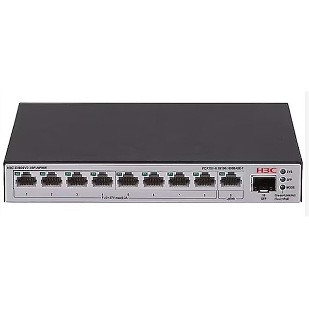 H3C S1600V2-10P-HPWR L2 9x 10-100-1000 BASE-T Ports (8x PoE+ Ports) 1x 1G SFP Port, 125W PoE+ Switch