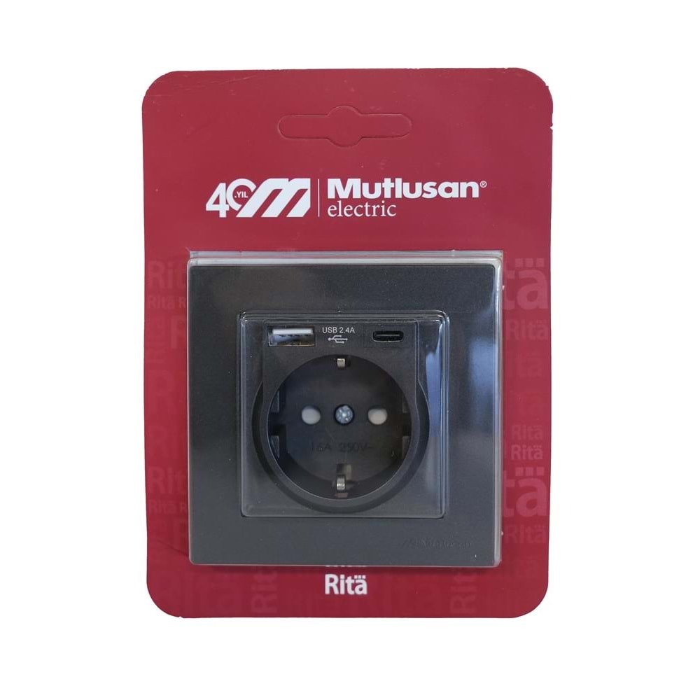 Mutlusan Tekli Şok Korumalı Antrasit Priz (2220 629 0286) Sıva Üstü