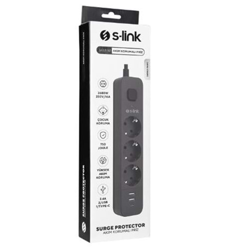 S-link SPG03U 5V2.4A 1.5m 3x1.00mm 100 yüzde Bakır 750 Joule 3 lü Anahtarlı Akım Korumalı Siyah Priz