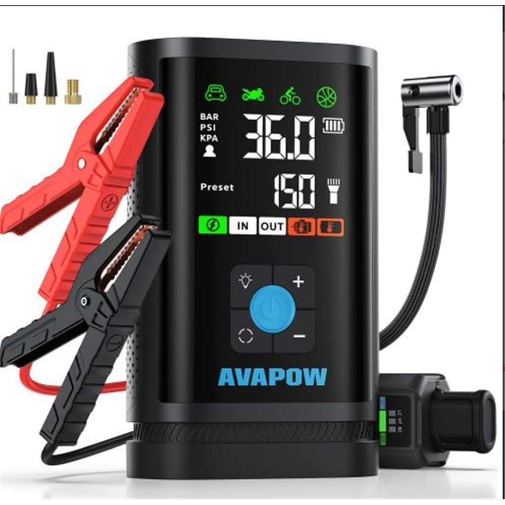 Avapow JP3 16000mAh 3000A & Lastik Şişirme Pompalı Jump Starter Taşınabilir Akü Takviye Kiti