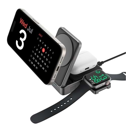 S-link SW-CWF116 Siyah Telefon Kulaklık Akıllı Saat 15W 3 in 1 Magsafe Qi2 Kablosuz Şarj Cihazı