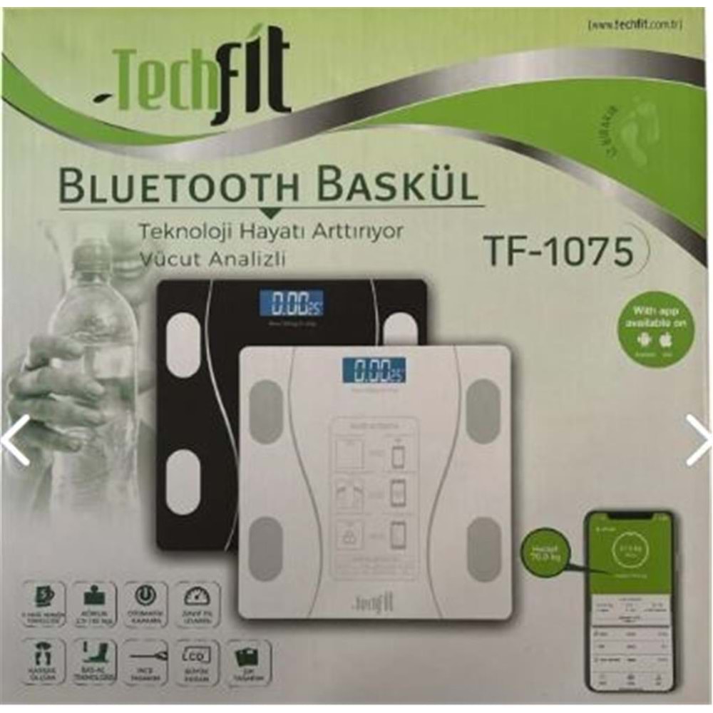 Techfit Dijital Baskül TF-1075 (Bluetooth Özellikli) Hassas Ölçüm (2.5-180kg)
