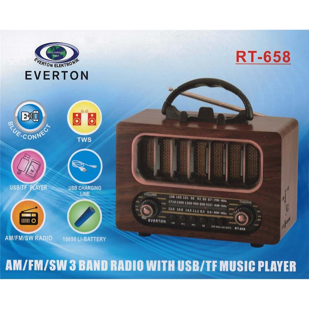 Everton Rt-658 Bluetooth Fm-Usb-Tf-Aux Şarjlı Nostaljik Radyo