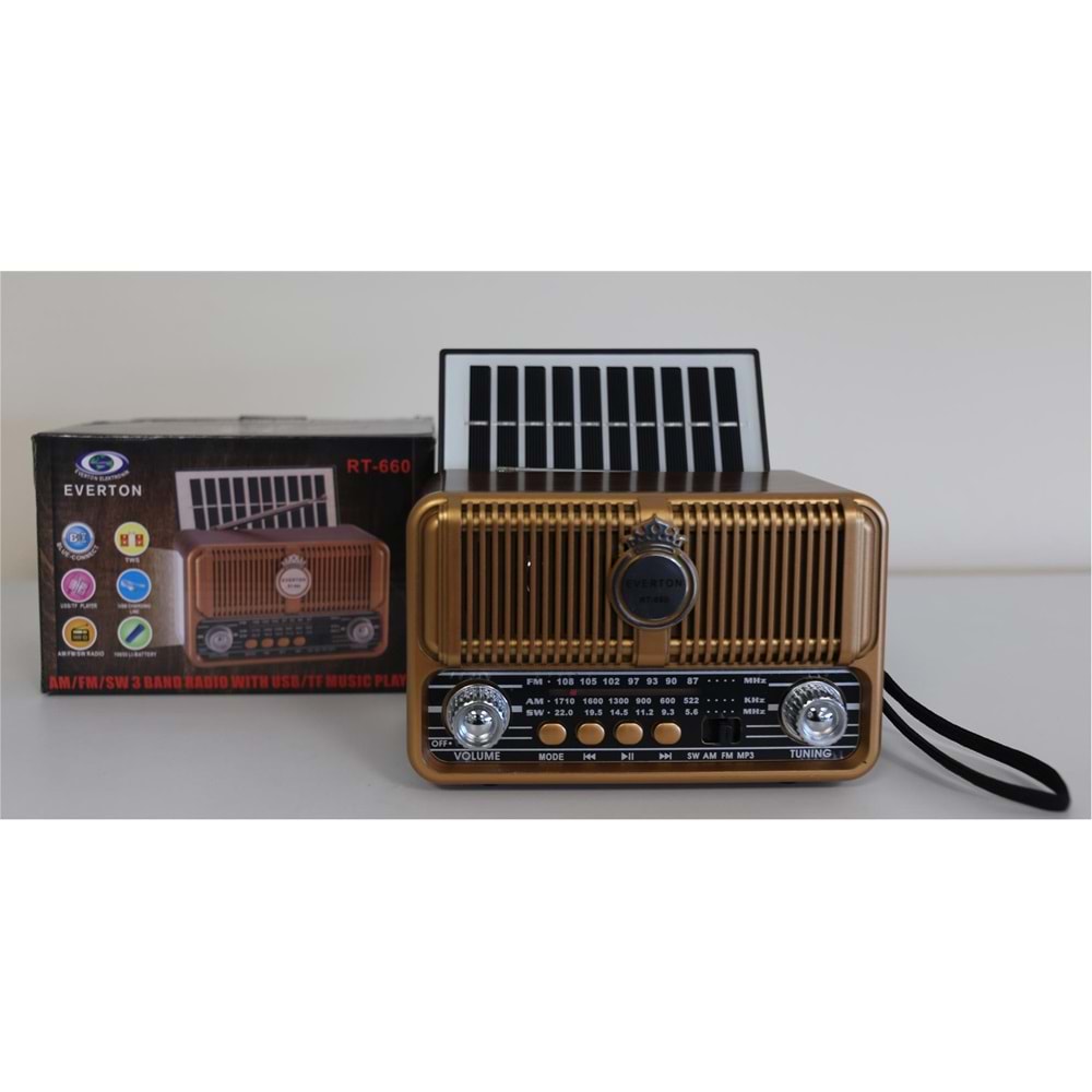 Everton Rt-660 Bluetooth Fm-Usb-Tf-Aux Şarjlı Nostaljik Radyo Solar (Güneş Panelli)