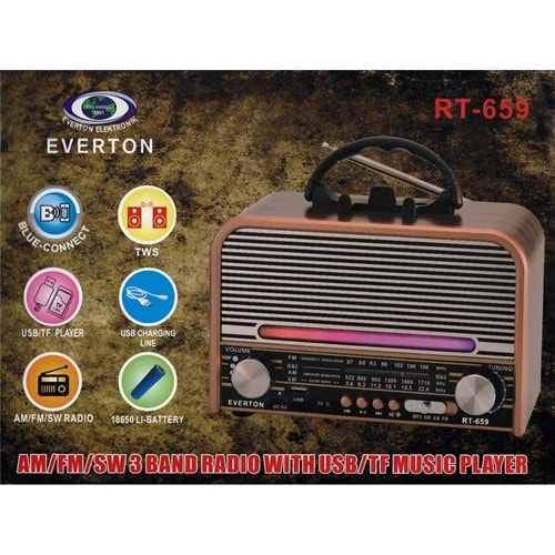 Everton Rt-659 Bluetooth Fm-Usb-Tf-Aux Şarjlı Nostaljik Radyo