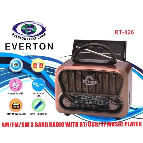 Everton RT-826 Bluetooth-USB-SD-FM Şarjlı Nostaljik Radyo Güneş Panelli 