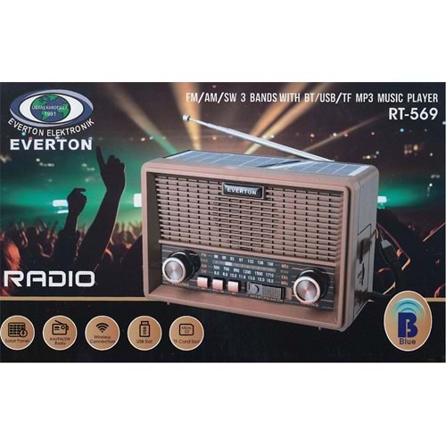 Everton Rt-569 Bluetooth Fm-Usb-Tf-Aux Güneş Enerjili Şarjlı Nostaljik Radyo