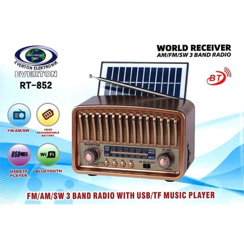 Everton Rt-852 Bluetooth Fm-Usb-Tf-Aux Şarjlı Nostaljik Radyo Güneş Panelli 