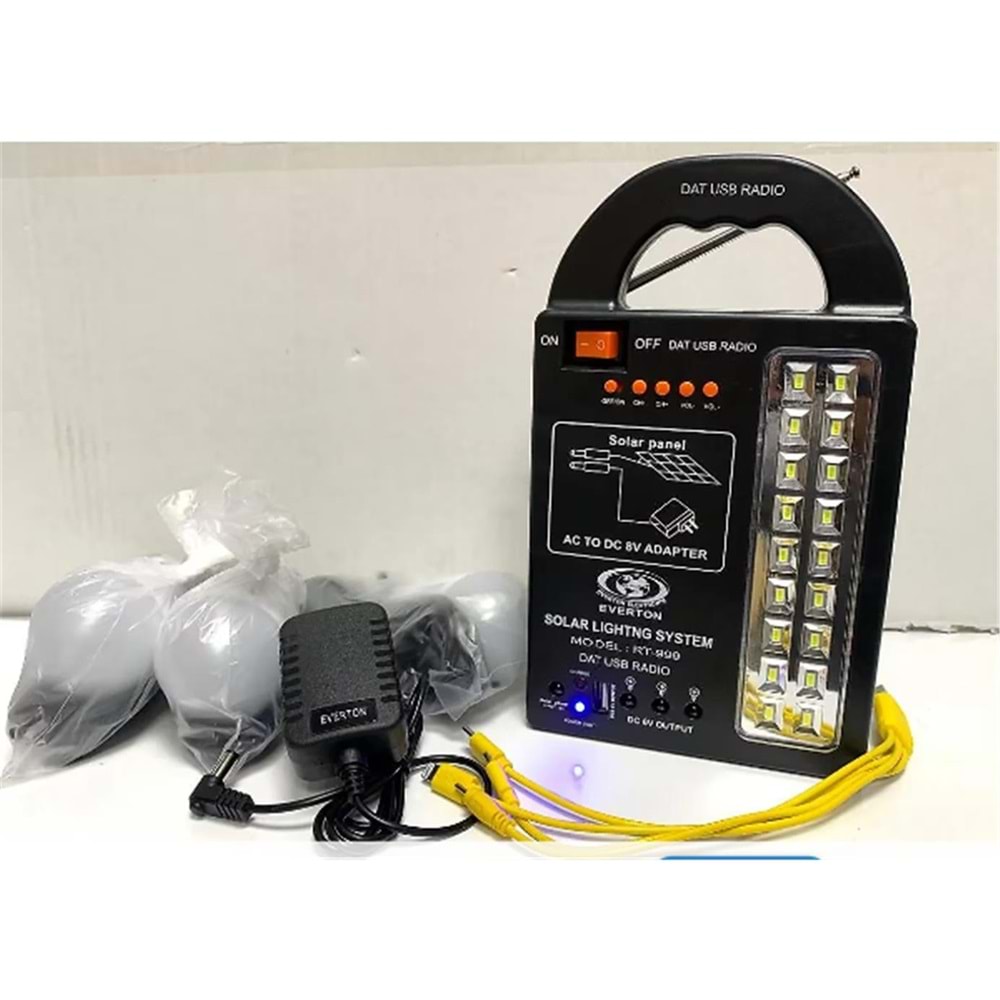 Everton Rt-999 SolarPanelli -Ledli Güneş Enerjili Radyo Usb- 3 Adet Ampul Şarjlı (Solar 9V-3.5W)
