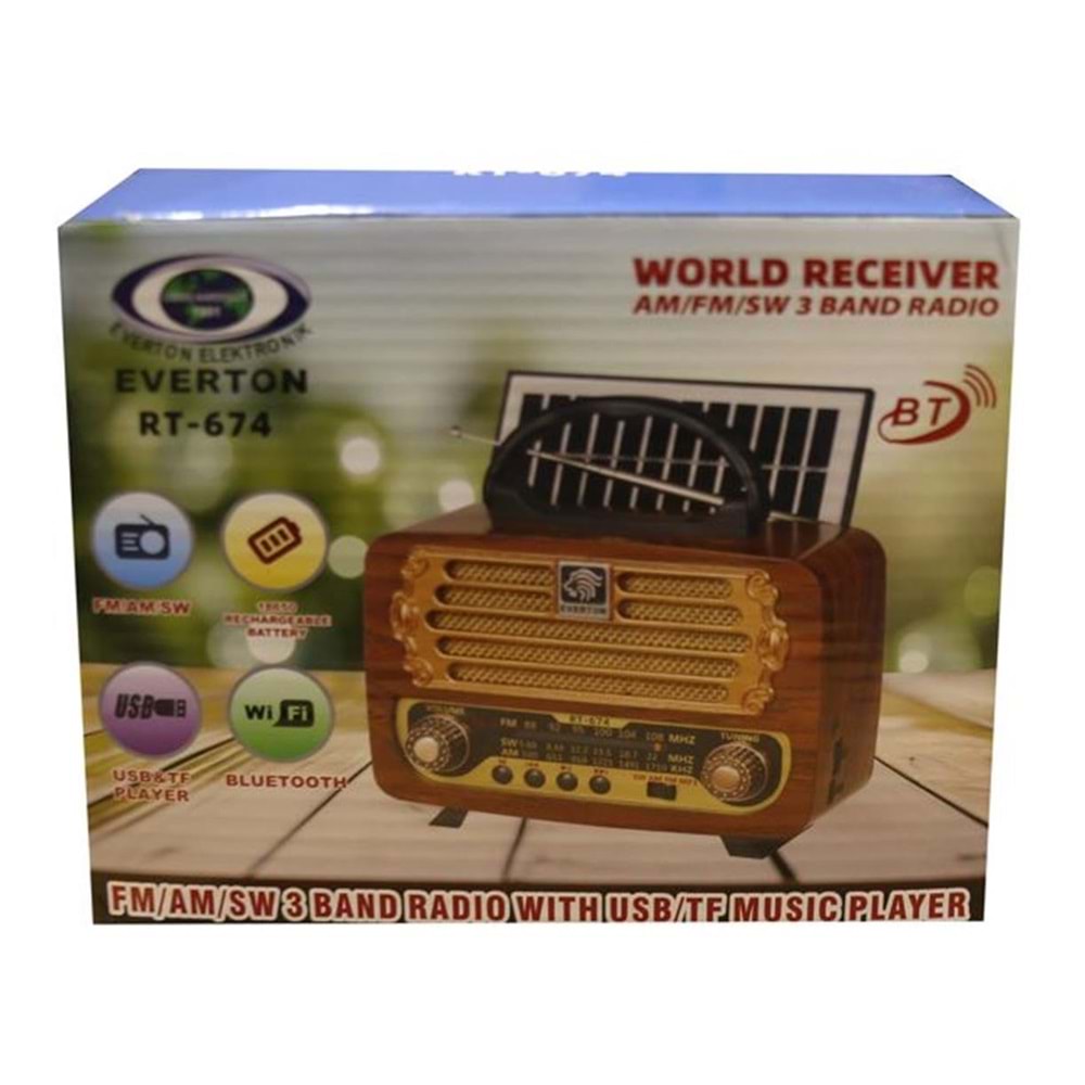 Everton RT-674 Bluetooth-USB-SD-FM Şarjlı,Solarlı Nostaljik Radyo 