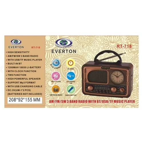Everton RT-718 Bluetooth-USB-SD-FM Şarjlı Nostaljik Radyo