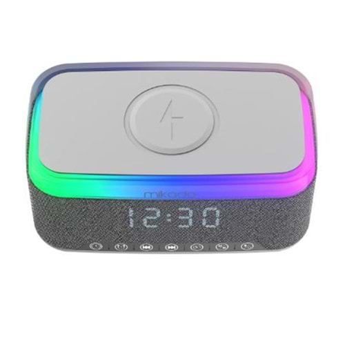 Mikado MD-W8 1200mAh 10W Gri BT,USB,Kablosuz Şarjlı RGB-Gece Lambası Özellikli Alarmlı Saat Speaker