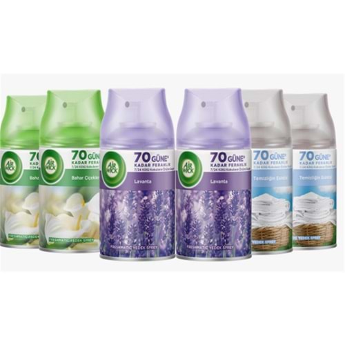 Airwick 250ml 6lı (Lavanta-Bahar Çiçekleri-Temizliğin Esinti) Oda Kokusu Sprey(Makina Yedek Spreyi)