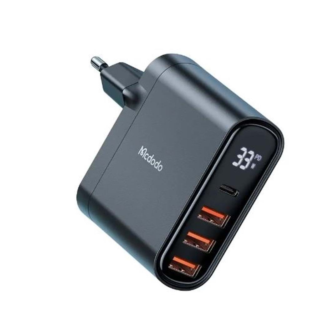 MCDODO CH-2250 33W 1xTYPE-C 3xUSB Girişli Dijital Göstergeli Şarj Adaptörü - Siyah