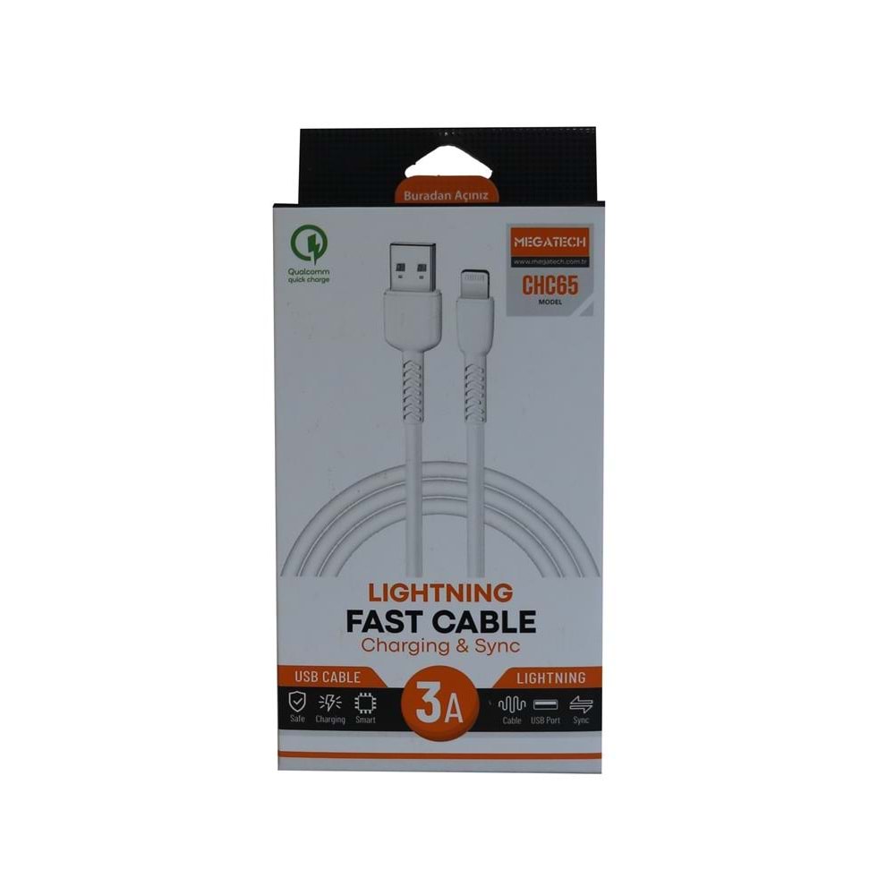 Megatech CHC65 3.0A 1mt Lightning Beyaz Şarj Kablosu 