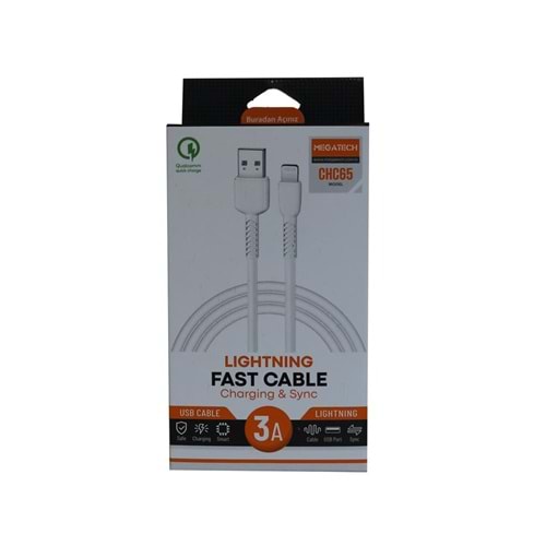 Megatech CHC65 3.0A 1mt Lightning Beyaz Şarj Kablosu 