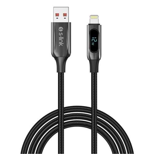 S-link Armor LED UL-012 12W 1m USB to Lightning PD Örgülü LED Başlıklı Siyah Hızlı Şarj Kablosu