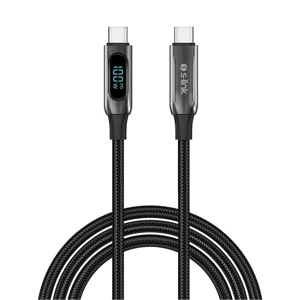 S-link Armor LED LCC-0100 100W 1m Type-C to Type-C PD Örgülü LED Başlıklı Siyah Hızlı Şarj Kablosu