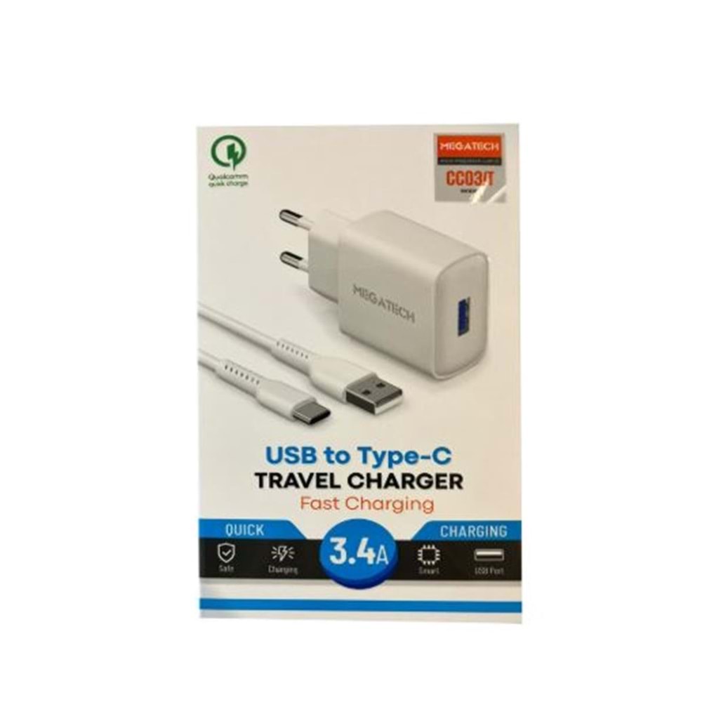 Megatech CC-03 (MT-Ct34 )3.4A Type-C Usb Kablo+ Ev Şarj Adaptör Hızlı Şarj