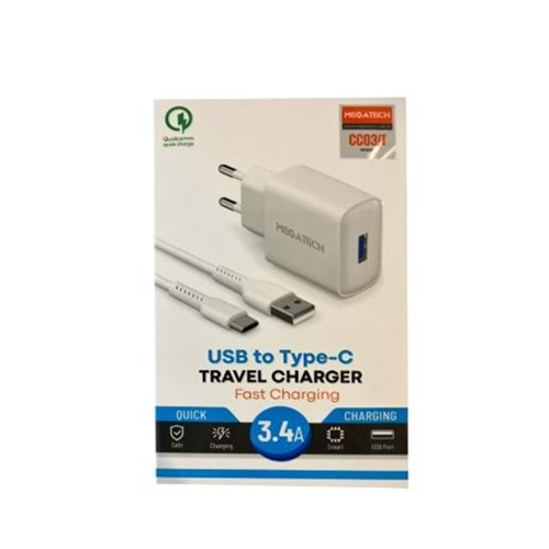 Megatech CC-03 (MT-Ct34 )3.4A Type-C Usb Kablo+ Ev Şarj Adaptör Hızlı Şarj