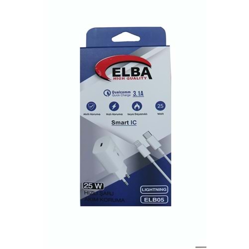 Elba ELB05-PD-25WIOS Beyaz 25W Usb-c Ev Şarj Kafa+1mt Type-c To Lightnıng Kablo PD3.0-QC4.0 Hızlı Ş 
