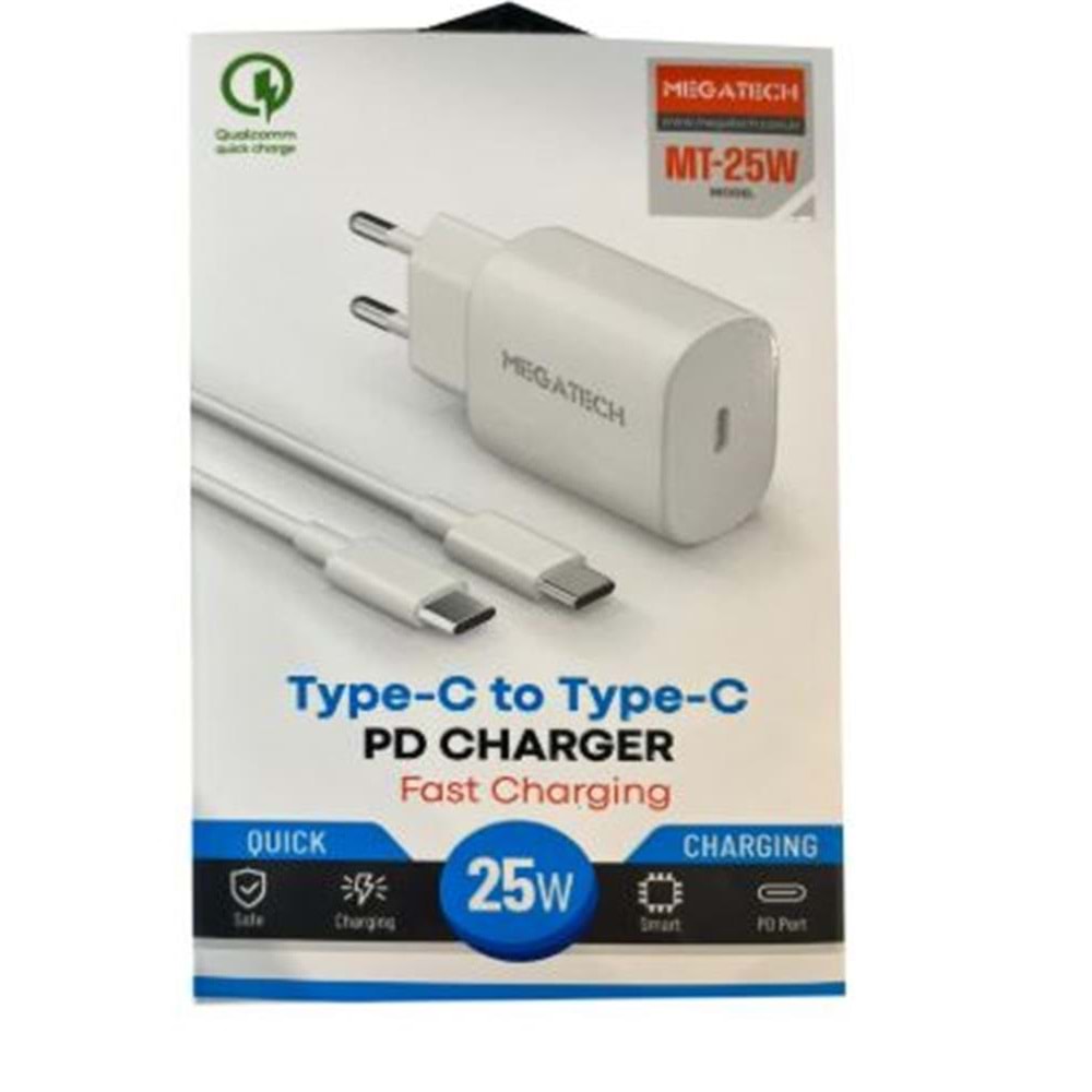 Megatech Mt-25w QC:3.0 PD:3.0 Ev Şarj Kafa+ Type-C To Type-C Şarj Kafası Hızlı Şarj 