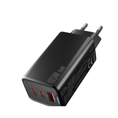 Hytech HY-XEG65 2-USB-C + USB-A GAN PD 65W - QC 18W Type PD-PPS Siyah EV-NOTEBOOK Şarj Adaptör