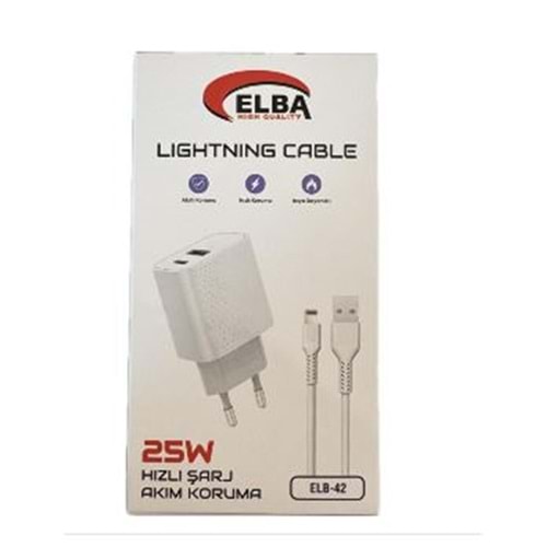 Elba ELB42 Beyaz 25W Şarj Kafa+ İphone Kablo USB-C PD3.0-QC4.0(Akım Koruma-Hızlı Şarj-)