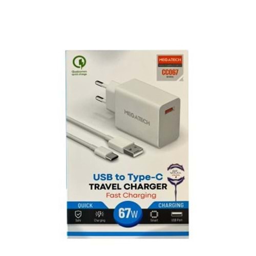Megatech 67w Turbo Şarj Gösterme EvŞarj Kafa + Type-C Şarj Kablosu 