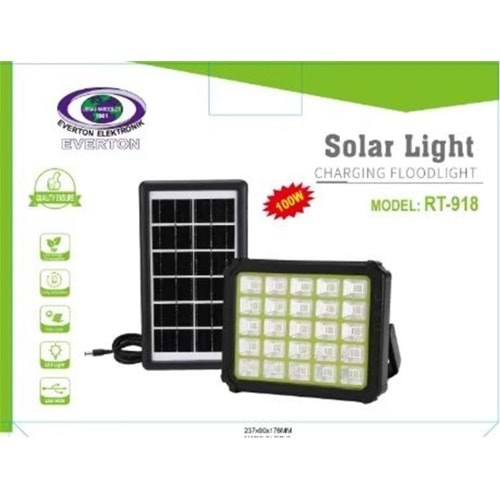 Everton Rt-918 Şarjlı 100w Solar Panelli Projektör Led