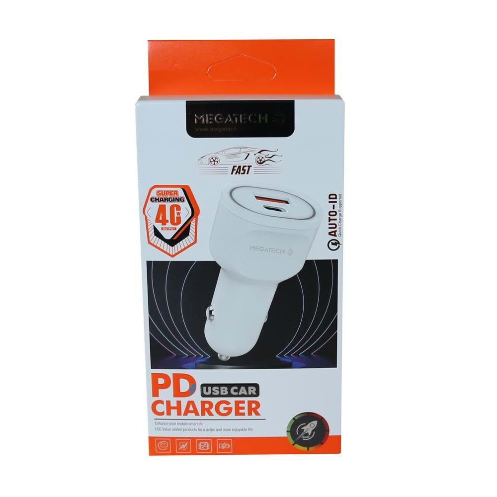 Megatech T05-M40 Beyaz 40W PD-USB Araç Çakmaklık Şarj Başlığı Hızlı Şarj