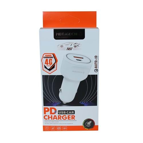 Megatech T05-M40 Beyaz 40W PD-USB Araç Çakmaklık Şarj Başlığı Hızlı Şarj
