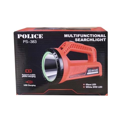 Polıce PS-383 Şarj Göstergeli, Kırmızı Işık ve Kırmızı İkaz Işıklı, Şarjlı Spot Fener