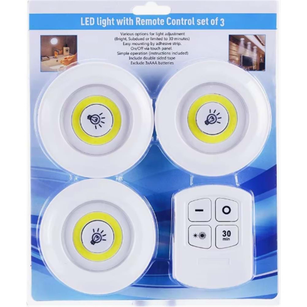Yakut 3 Adet Kumandalı Yapıştırmalı Led Aydınlatma 3AAA Pilli 