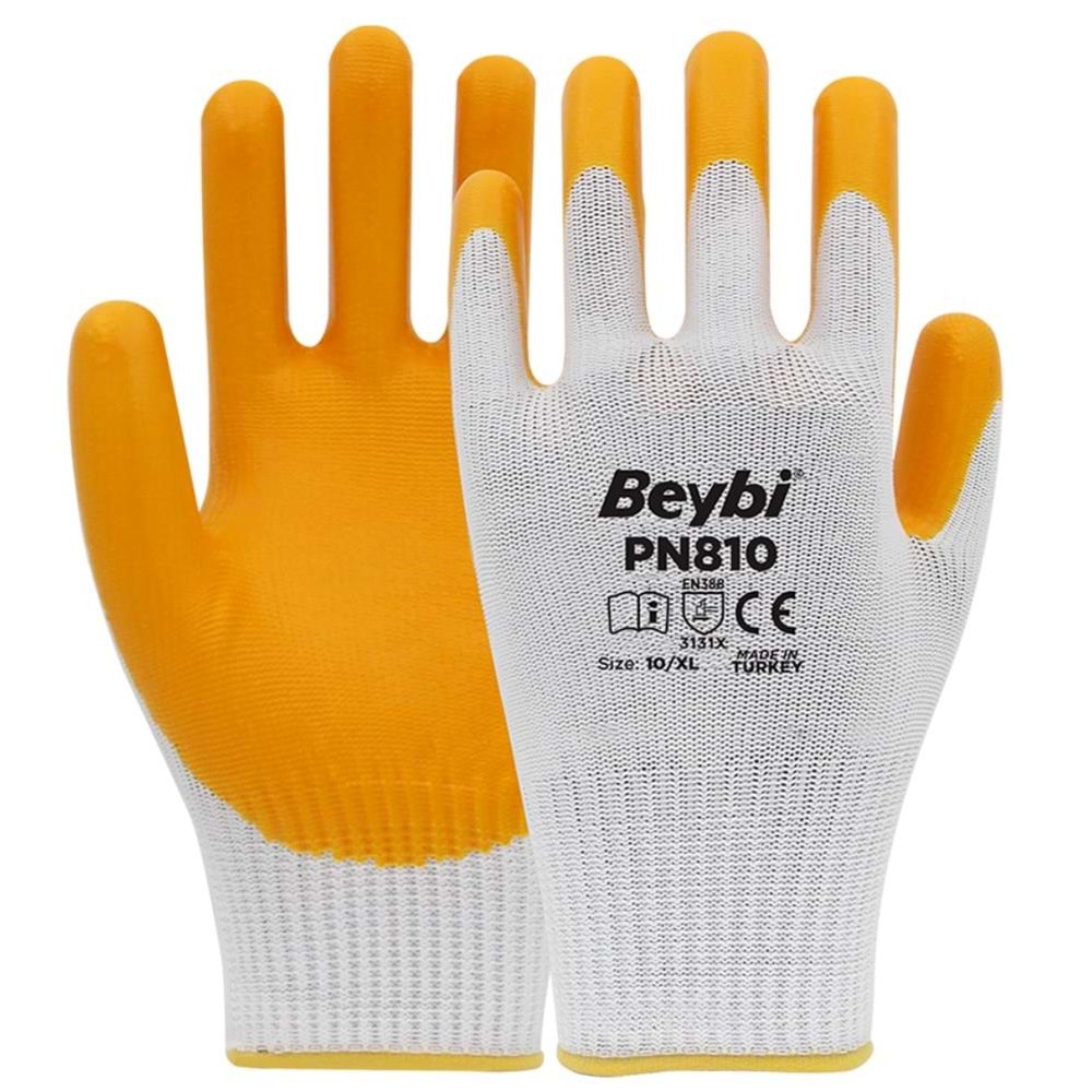 Beybi Nitril Poly Pn810 9 Beden Beyaz-Sarı 12li Eldiven 