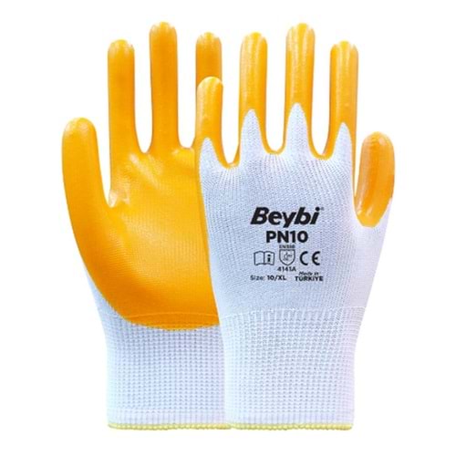 Beybi Nitril PMK PN10 9 Beden 12li Paket Polyester Örme Nitril Eldiven (4141A) Nitril 1-2 Kaplama