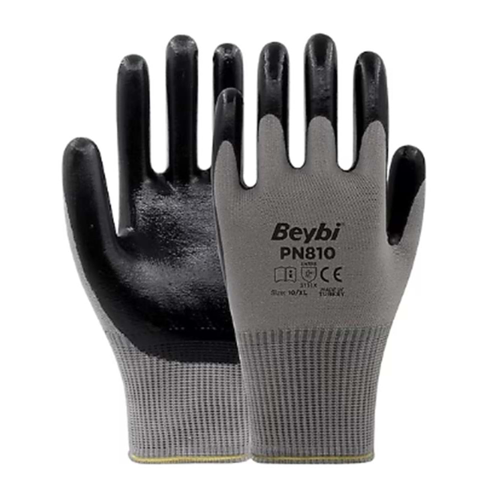 Beybi Nitril Poly Pn810 10 Beden Gri-Siyah 12li Eldiven 