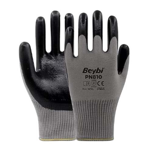 Beybi Nitril Poly Pn810 10 Beden Gri-Siyah 12li Eldiven 