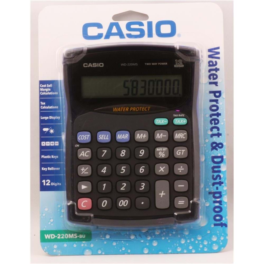 Casio WD-220MS-BU 12 Hane Suya-Toza Dayanıklı Masa Üstü Hesap Makinesi