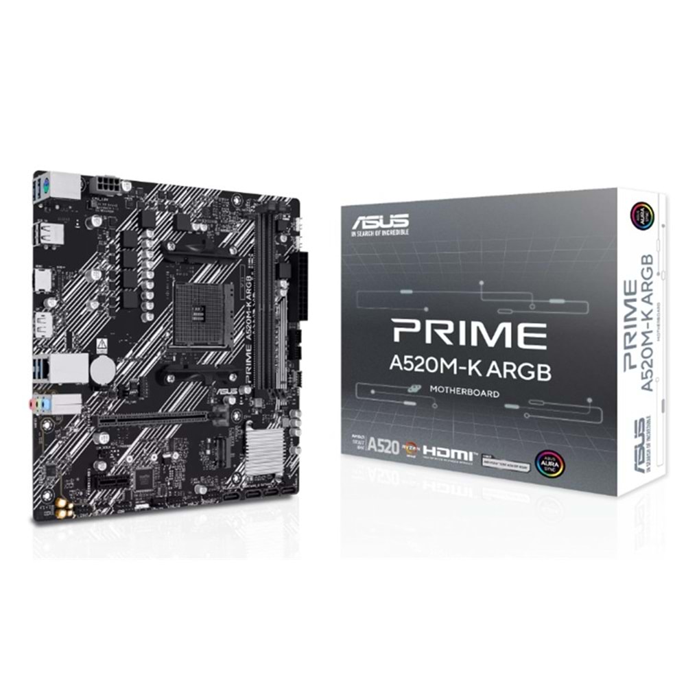 ASUS PRIME A520M-K ARGB DDR4 5100MHZ 1XHDMI 1XDP 1XM.2 USB2.0 MATX AM4 (AMD AM4 5000/4000 /3000 SERİLERİ İLE UYUMLU) 