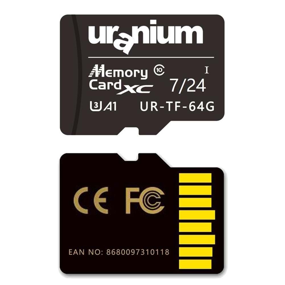 64GB URANIUM UR-TF-64G MICRO SD CARD U3 7/24 SURVEILLANCE 100/40MBS INDUSTRIAL HAFIZA KARTI (3 YIL GARANTİ) 