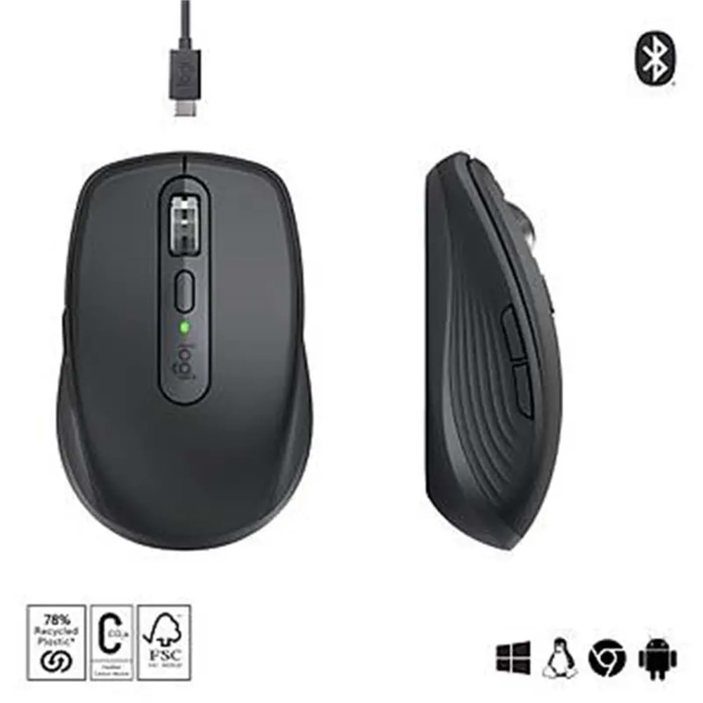 LOGITECH MX ANYWHERE 3S KOMPAKT OPTİK SENSÖRLÜ SESSİZ BLUETOOTH KABLOSUZ MOUSE SİYAH 910-006929 