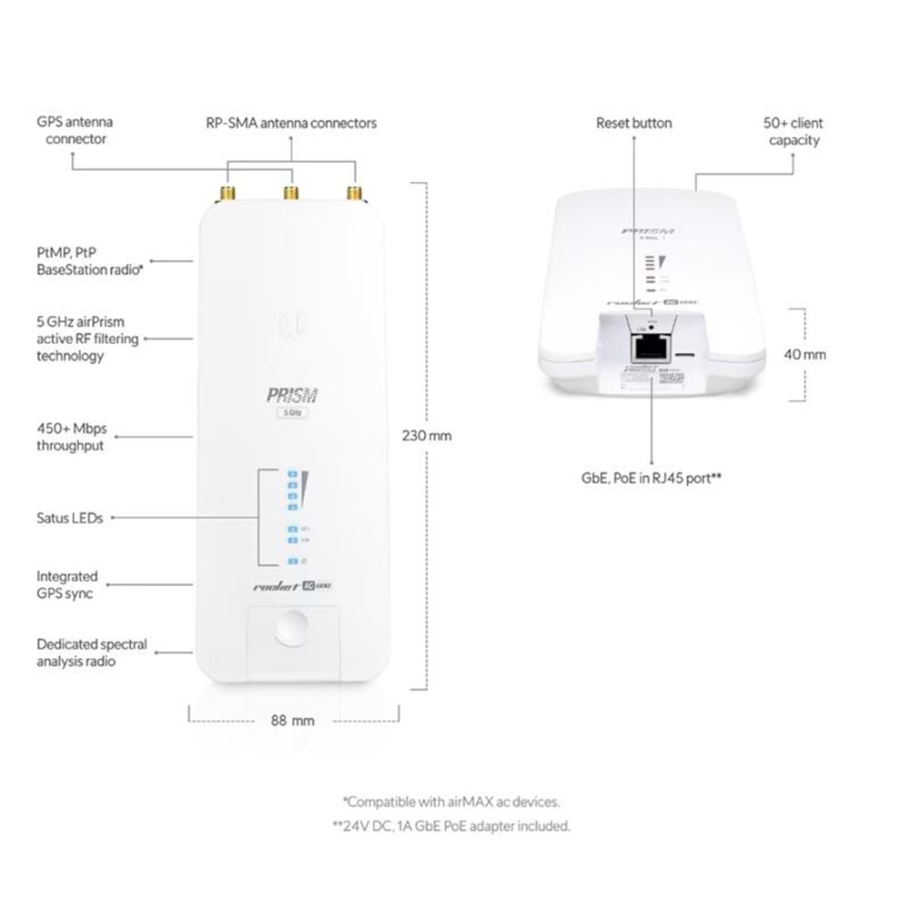 UBIQUITI RP-5AC-GEN2 ROCKET PRISM 5AC 5GHZ 500MBPS PTP/PTMP DIŞ ORTAM ACCESS POINT 