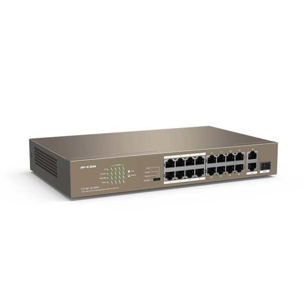 IP-COM F1118P-16-150W 16 PORT 10/100+2X1GB SFP/1XRJ45 COMBO 150W POE RACKMOUNT SWITCH 